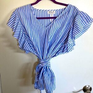 Blue and white striped wrap shirt with flutter sleeves- Size XL